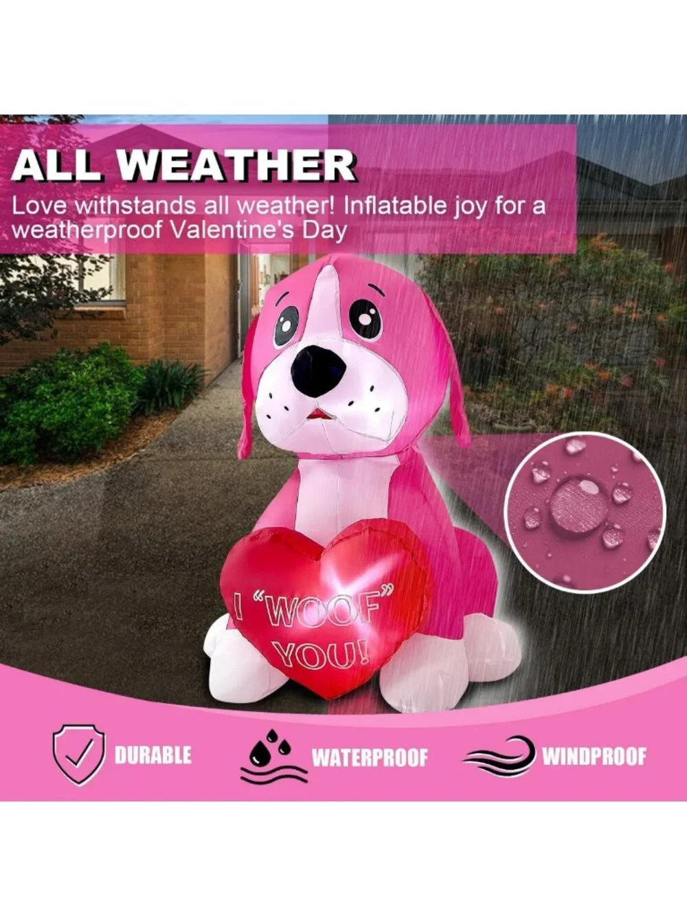 Pink Dog Inflatable with Heart - 4ft LED Lighted Decor for Mother's Day